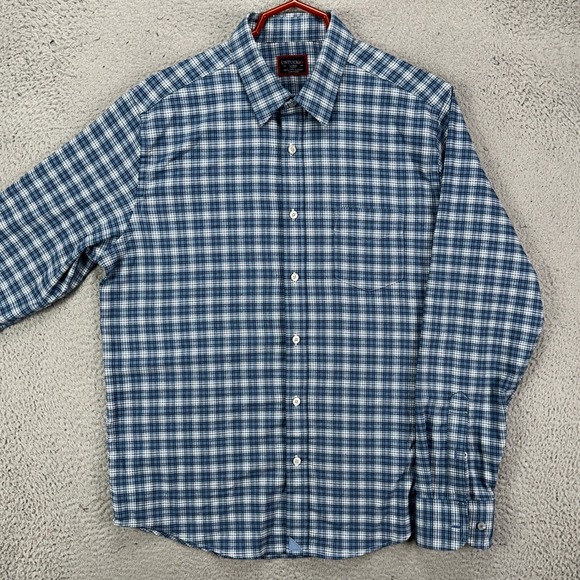 UNTUCKit Shirt Flannel Button Up Mens Large Blue Plaid Pocket Stretch Slim Fit